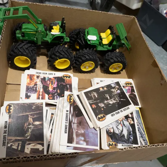 box: Batman collector cards and toy farm vehicles