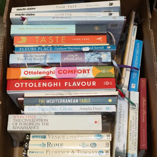 box of cookbooks and other books