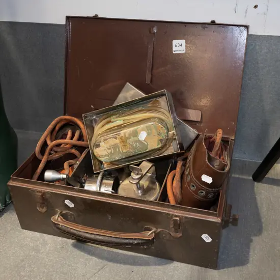 box: vintage blood transfusion kit in metal case, etc.