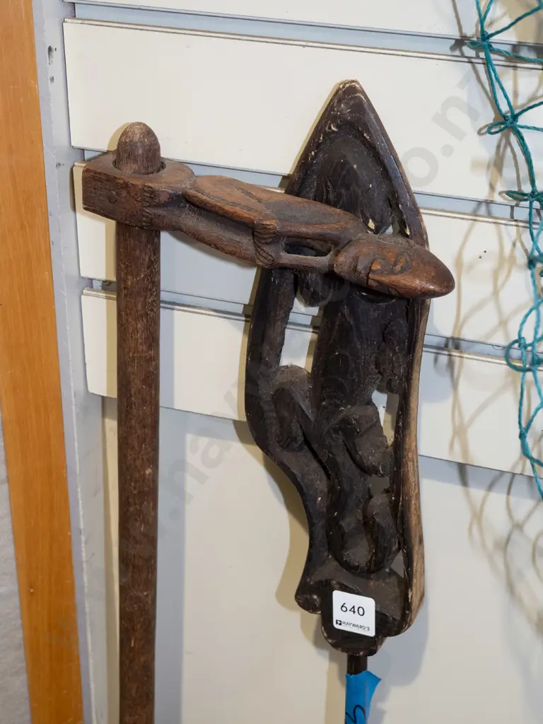 souvenir wooden spear and 2 carved wooden figures with long handles Image 1++