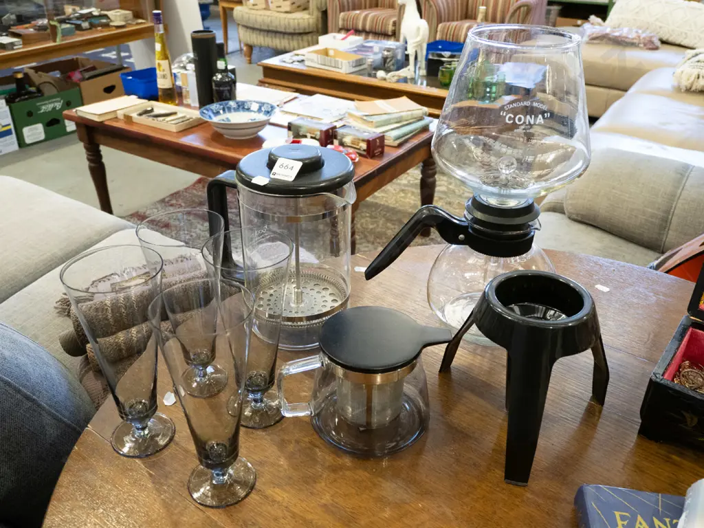 coffee plunger, small teapot, 4 glasses, Kona vacuum syphon coffee maker Image 1++