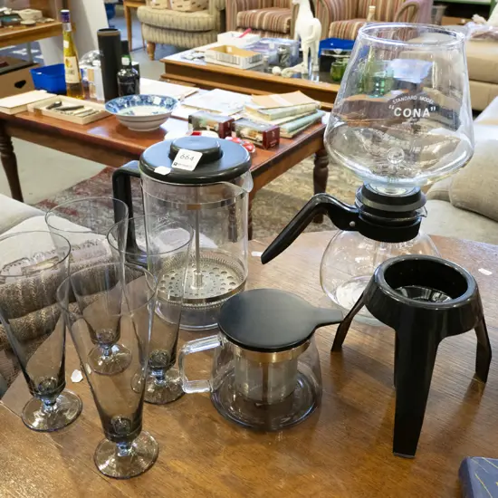 coffee plunger, small teapot, 4 glasses, Kona vacuum syphon coffee maker