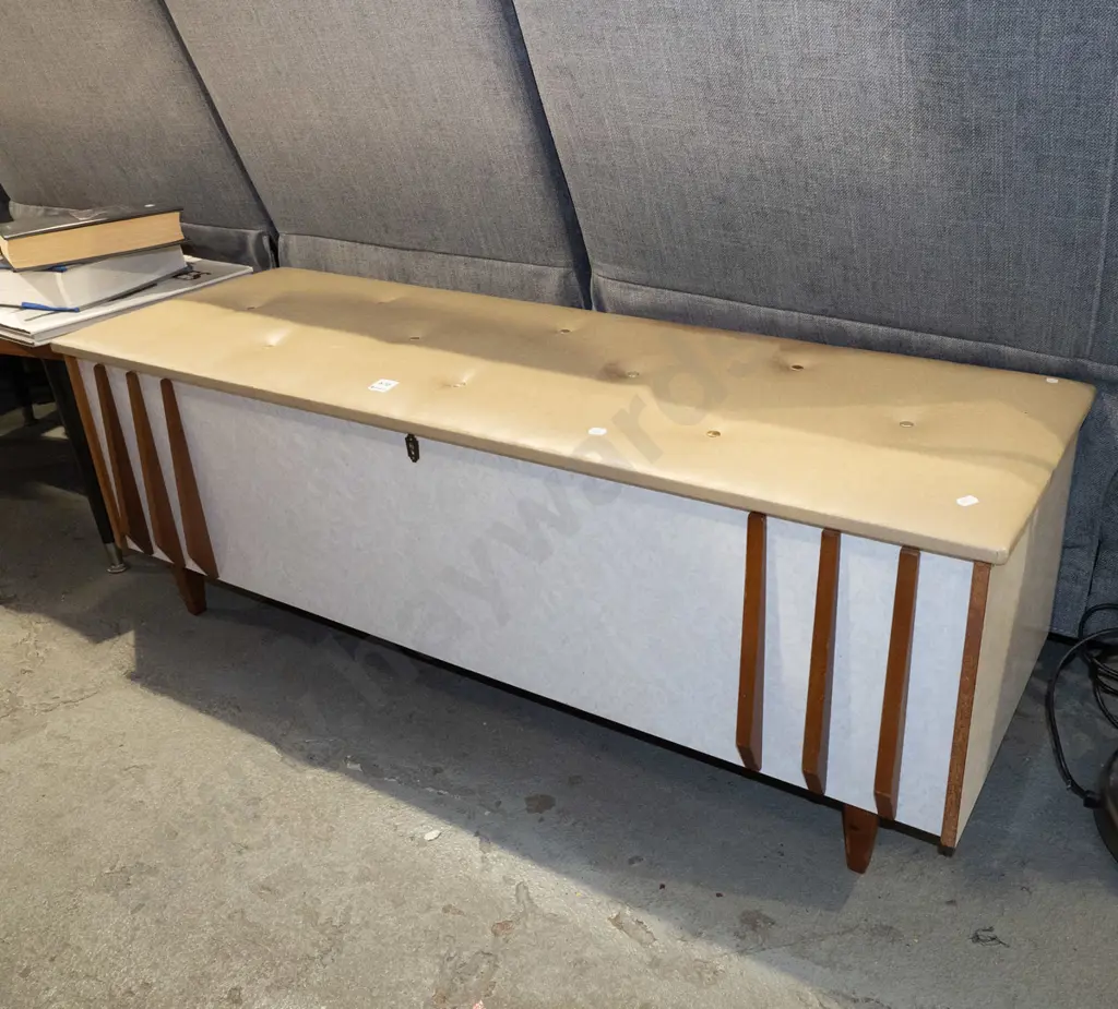 mid century formica and vinyl upholstered blanket box H420 W1200 d400 Image 1++