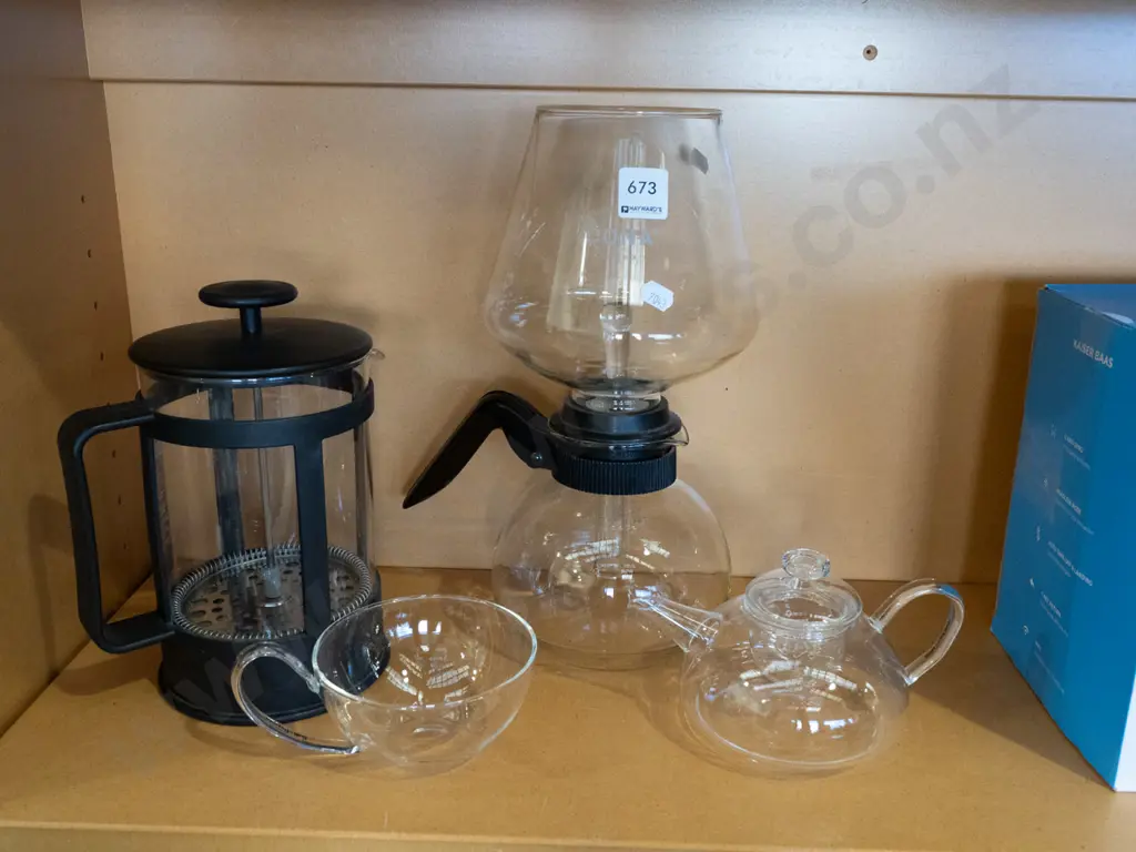 coffee plunger,  Kona vacuum syphon coffee maker, small teapot and cup Image 1++