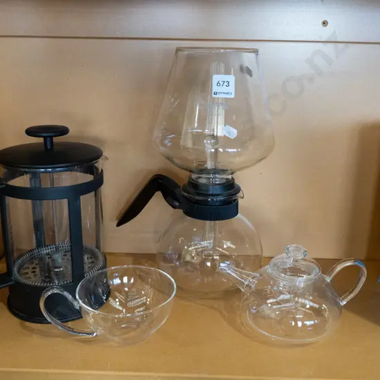 coffee plunger,  Kona vacuum syphon coffee maker, small teapot and cup