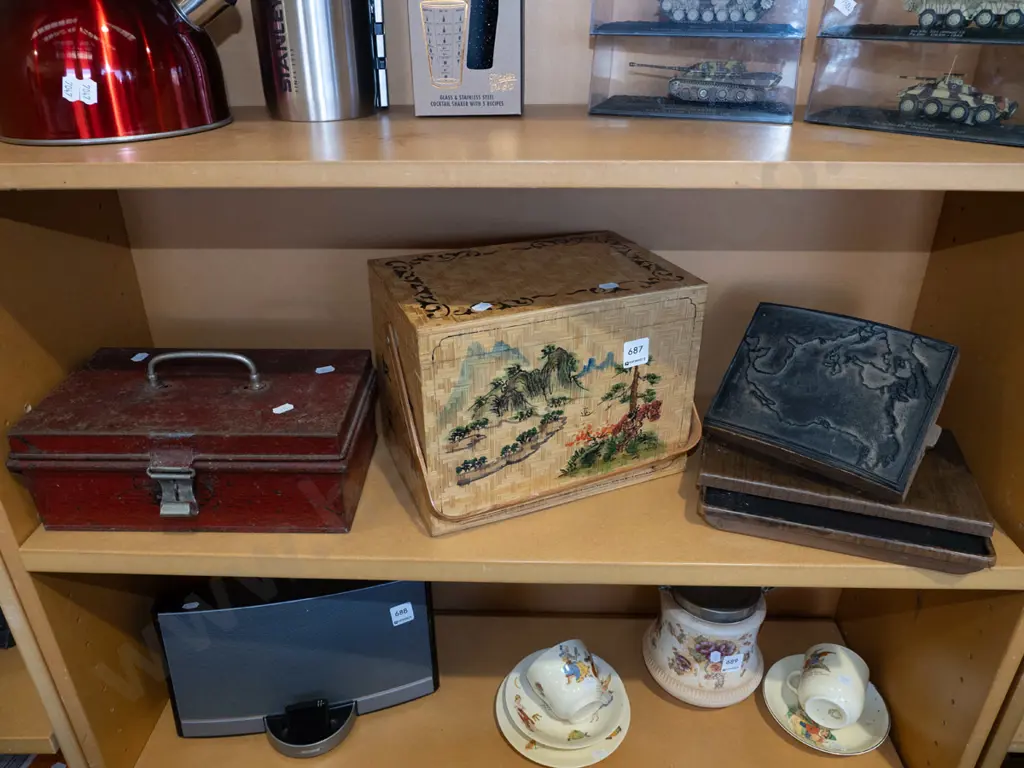 vintage cash box, bamboo lidded basket, old school rubber map stamp  Image 1++
