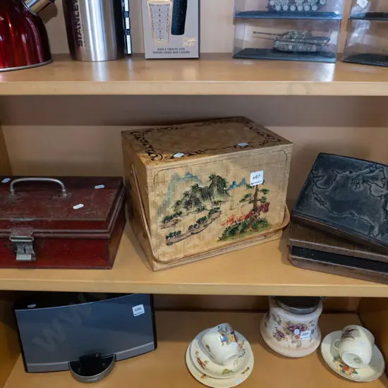 vintage cash box, bamboo lidded basket, old school rubber map stamp 