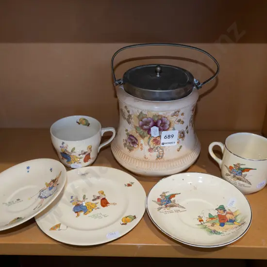 childs trio, cup, saucer, lidded biscuit barrel