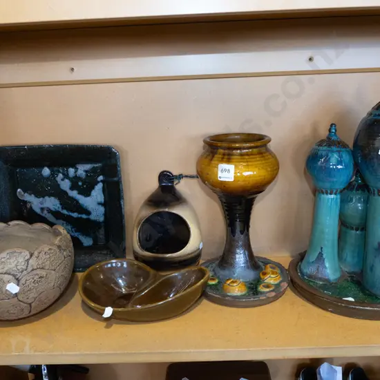 shelf; pottery ornaments, vases, bowls, Teal salt pig