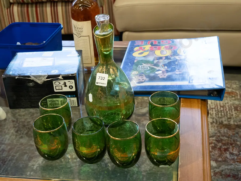 green and gold stoppered decanter and tumblers - wear to gold Image 1++