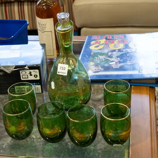 green and gold stoppered decanter and tumblers - wear to gold