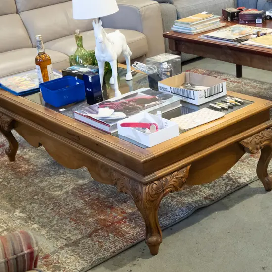 carved mahogany cab leg coffee table with glass insert H420 W1370 D760