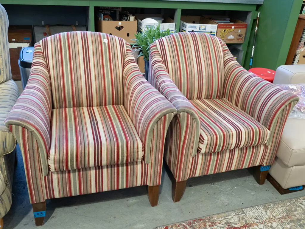 pair of striped upholstered armchairs - some wear to fabric Image 1++