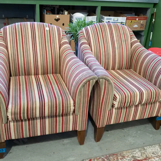 pair of striped upholstered armchairs - some wear to fabric