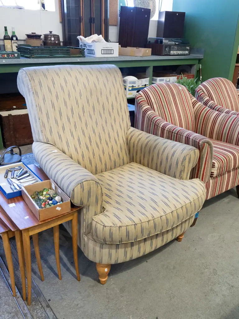 reproduction Edwardian style rolled arm fireside chair - yellows, blue grey stripes - marks and staining to upholstery Image 1++