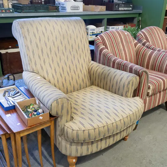 reproduction Edwardian style rolled arm fireside chair - yellows, blue grey stripes - marks and staining to upholstery