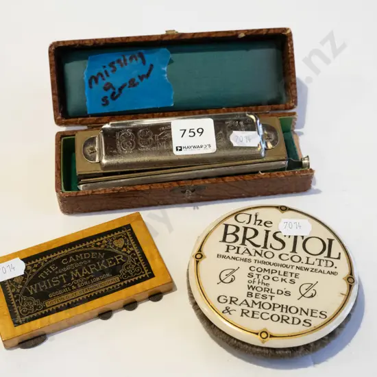 harmonica, whist marker, 78 record brush