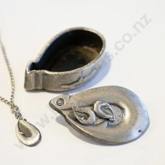 fish hook pendant necklace, matching small container, earrings