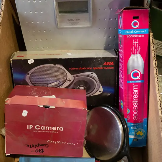 box; bathgroom scales, car speakers, security camera etc