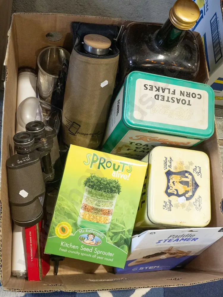 box; vintage tins, large empty whisky bottles, sprout grower etc Image 1++