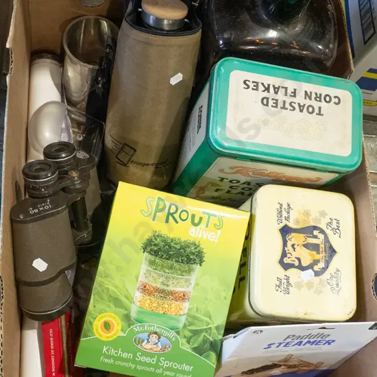 box; vintage tins, large empty whisky bottles, sprout grower etc