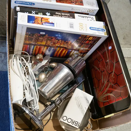 box; tray, puzzles, milkshake maker etc