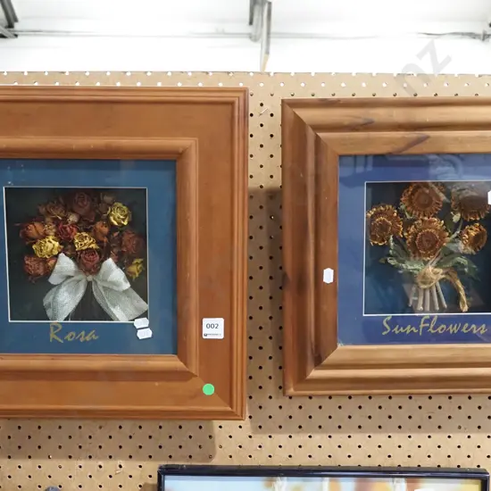 2x framed dried flowers - green dots