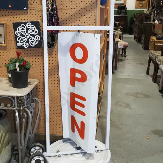 wind powered rotating Open sign on wheels H1390