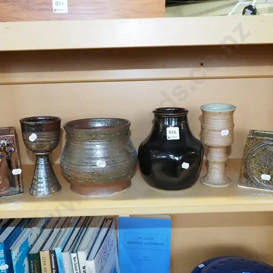 shelf; pottery vases, goblets etc