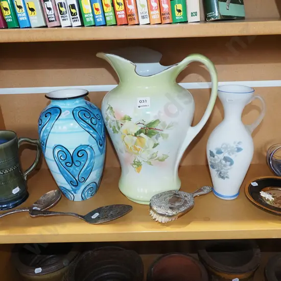 shelf; vases, large Irish Porcelain beer mug, art galss bowl etc