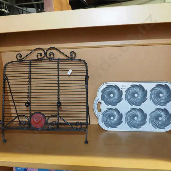 muffin tray, metal cookbook stand