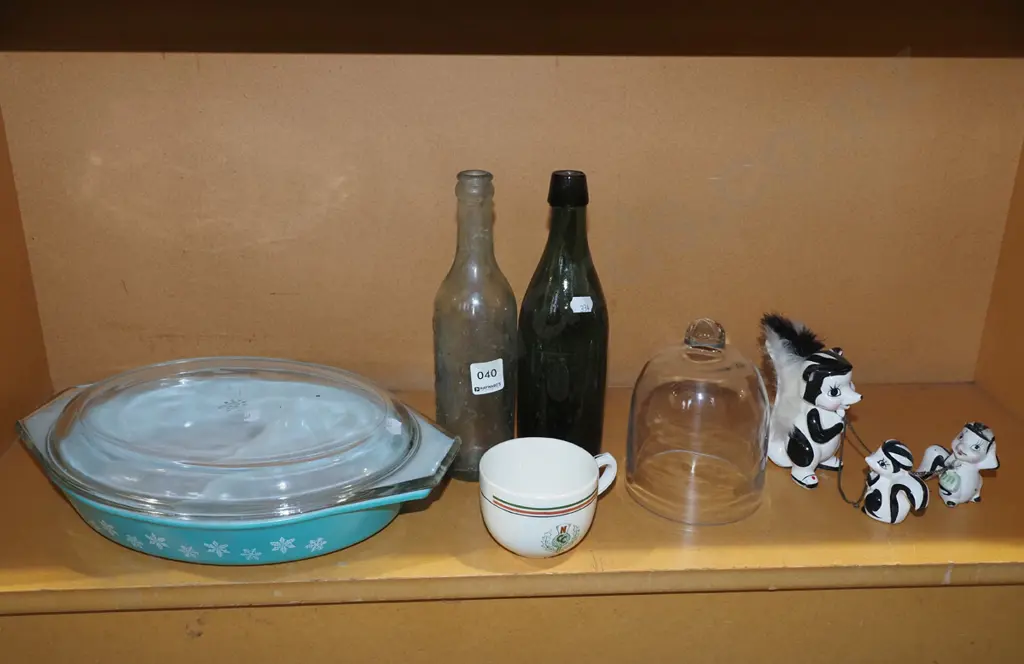 vintage bottles, pyrex baking dish, cup etc Image 1++