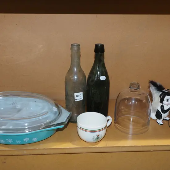 vintage bottles, pyrex baking dish, cup etc
