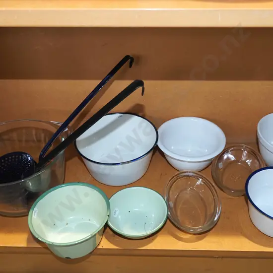 ceramic and enamel bowls, glass pie dishes etc