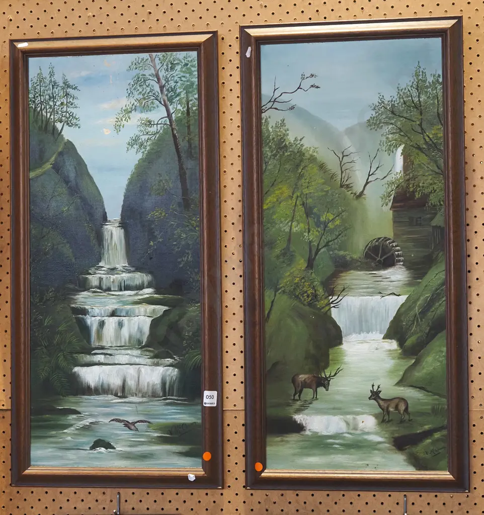 2x framed oils - waterfalls - orange dots Image 1++