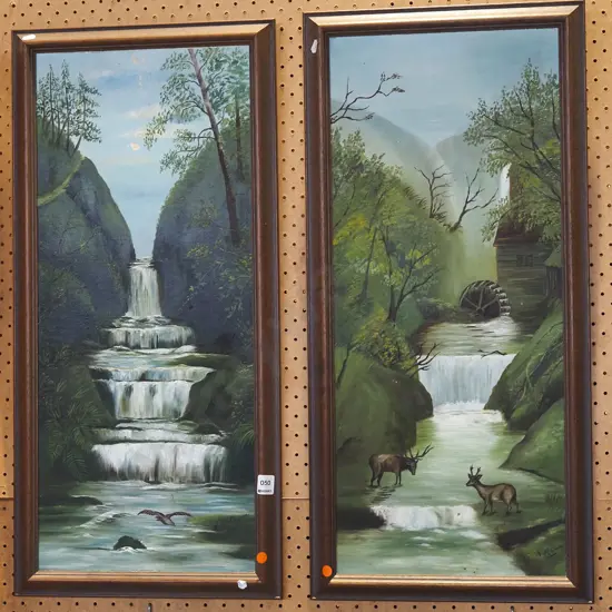 2x framed oils - waterfalls - orange dots