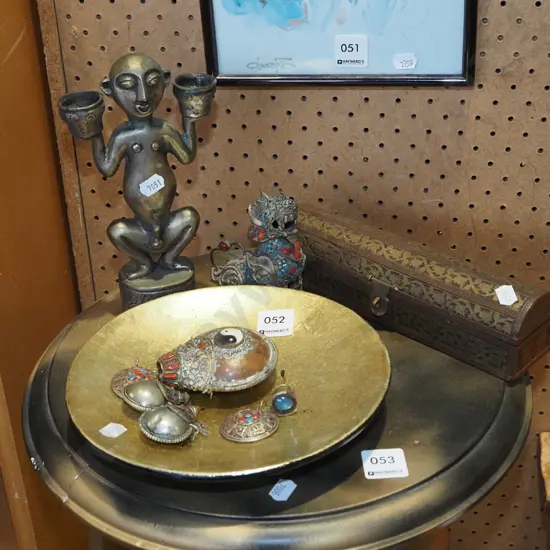 metal foo dog, cast metal candelabra, trinket box etc
