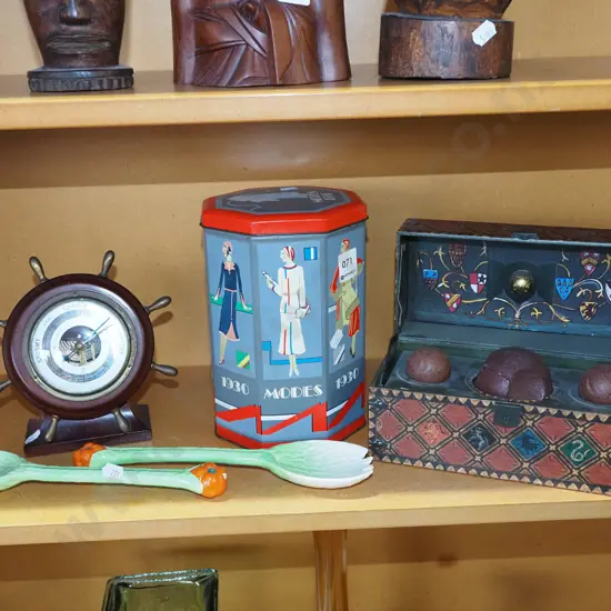 salad servers, barometer, vintage tin etc