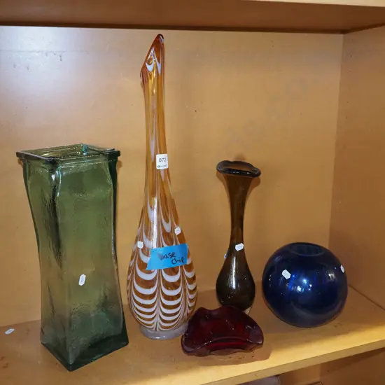 shelf; glass vases, ruby glass bowl Tallest H530 - chip to base