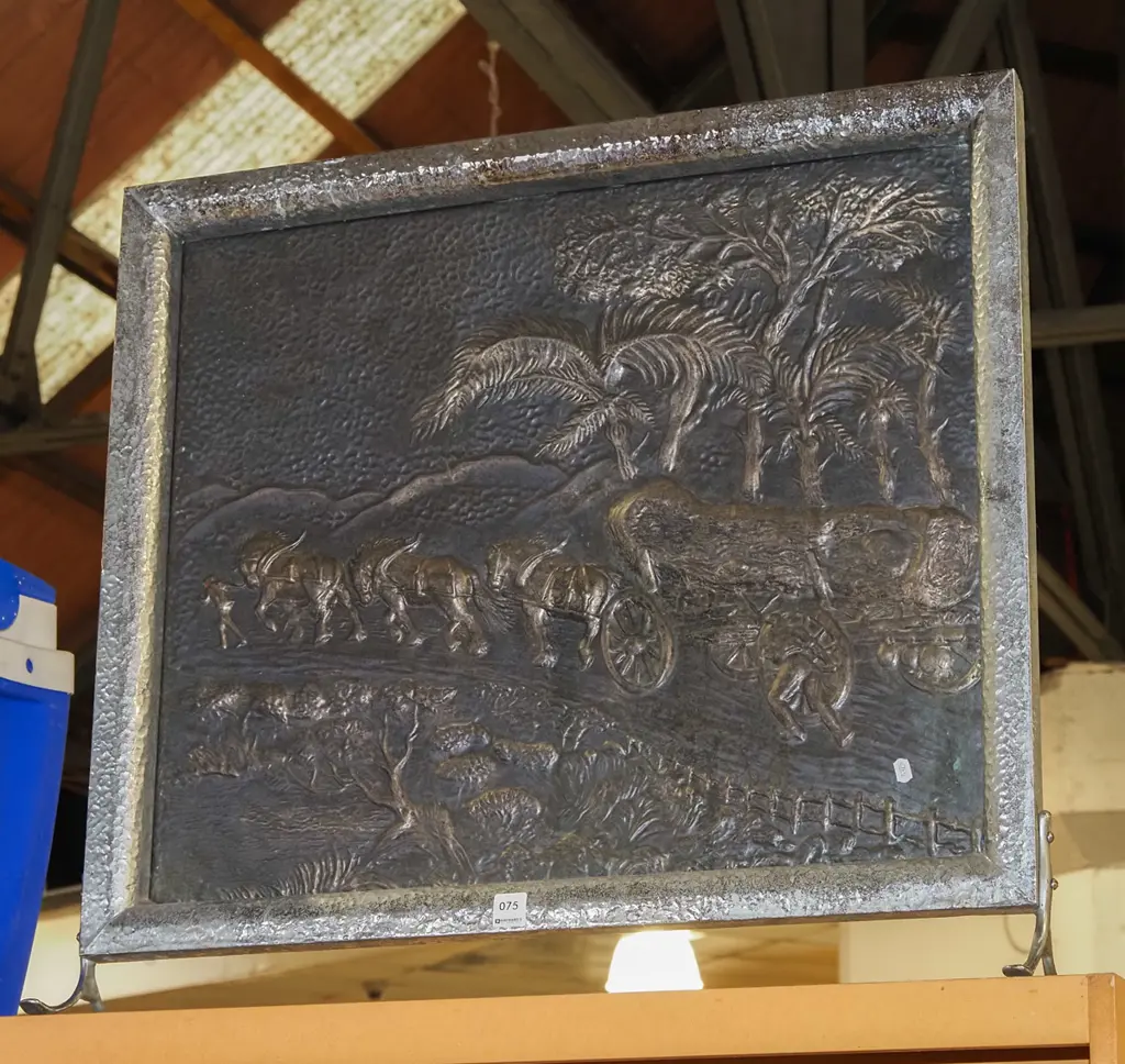 pressed metal firescreen - horses pulling logs Image 1++
