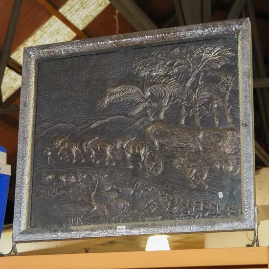pressed metal firescreen - horses pulling logs