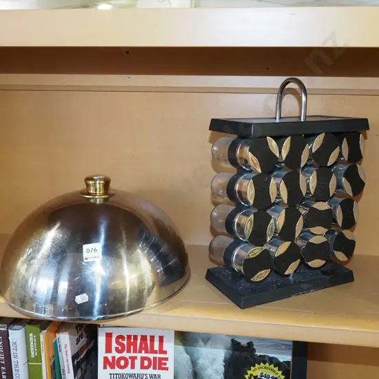 plated and brass cover dish, spice rack