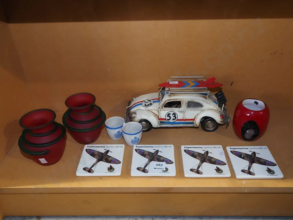 ceramic spitfire coasters, metal VW vehicles, glass vases etc Image 1++