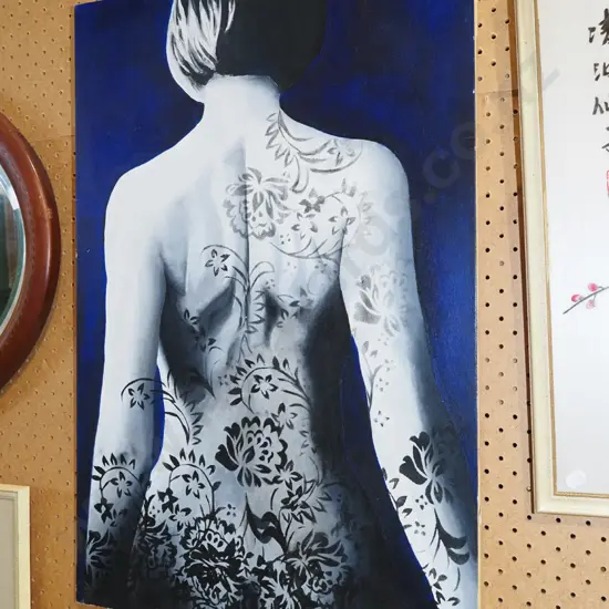 framed acrylic on board - female portrait from the back