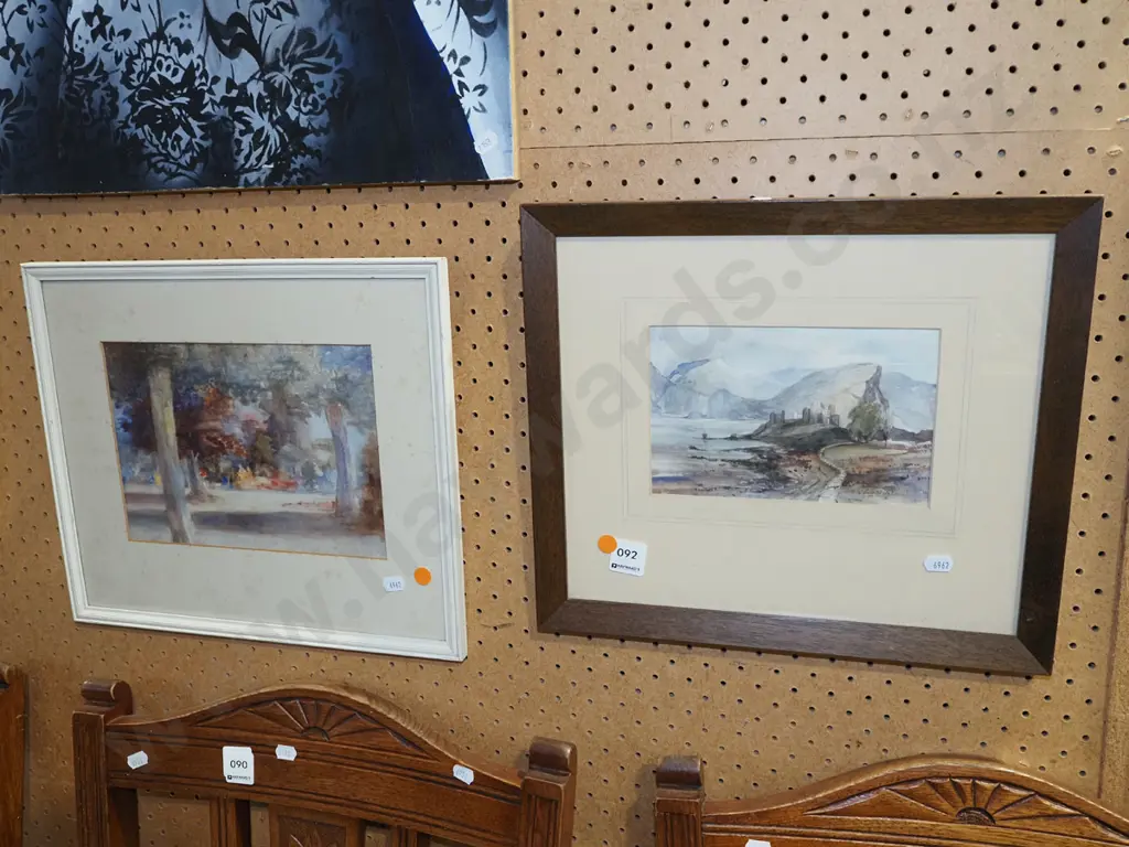 2x framed watercolours - garden scene (foxing), castle scene - orange dots Image 1++
