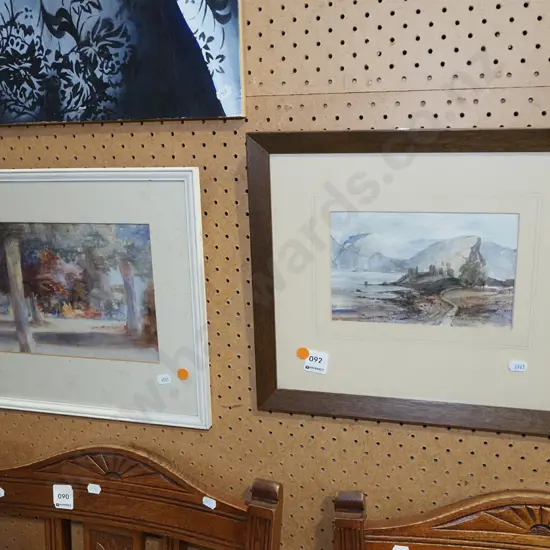 2x framed watercolours - garden scene (foxing), castle scene - orange dots