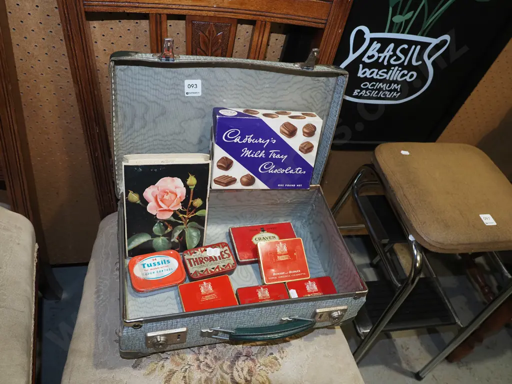 small vintage suitcase, tins, chocolate boxes Image 1++