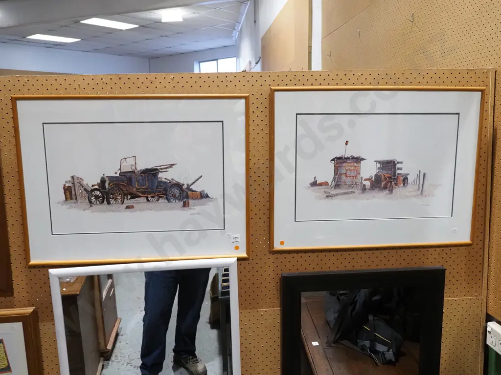 2x framed Garwood prints - vintage vehicles - orange dots Image 1++