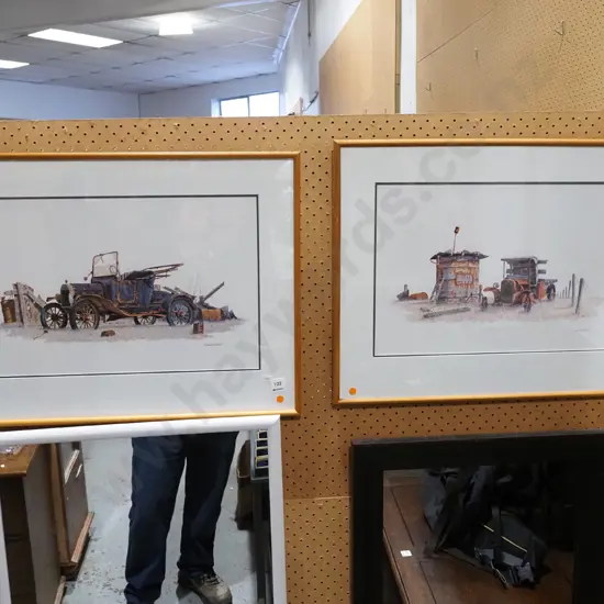 2x framed Garwood prints - vintage vehicles - orange dots