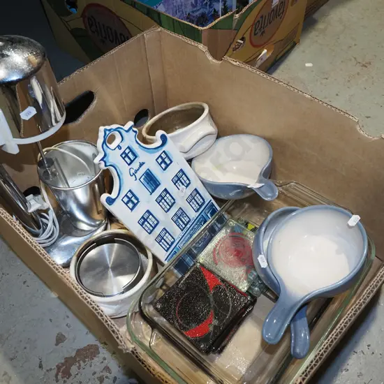 box; milkshake maker, Teal soup bowls, glass baking dish etc